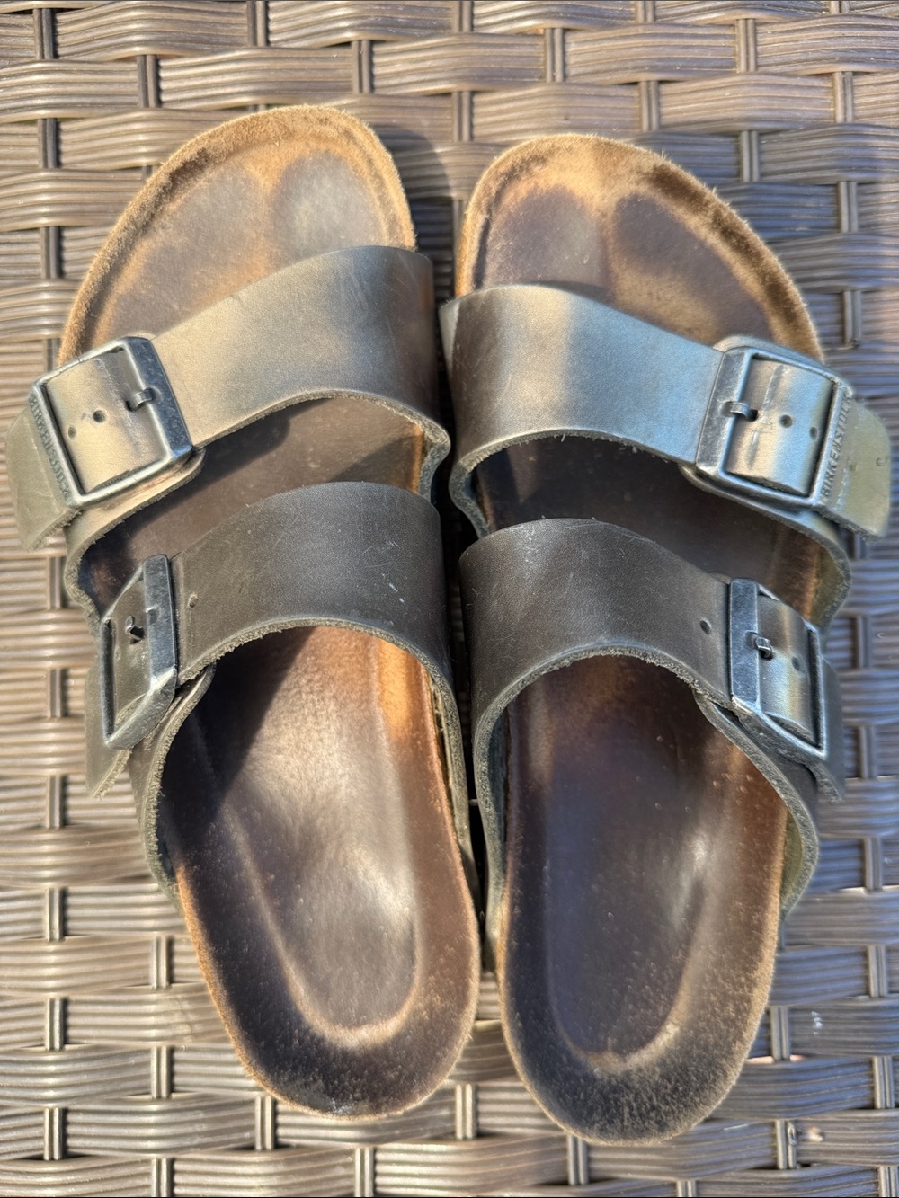 Birkenstock “metallic anthracite” Double Buckle Leather Slide Sandals, EU 39